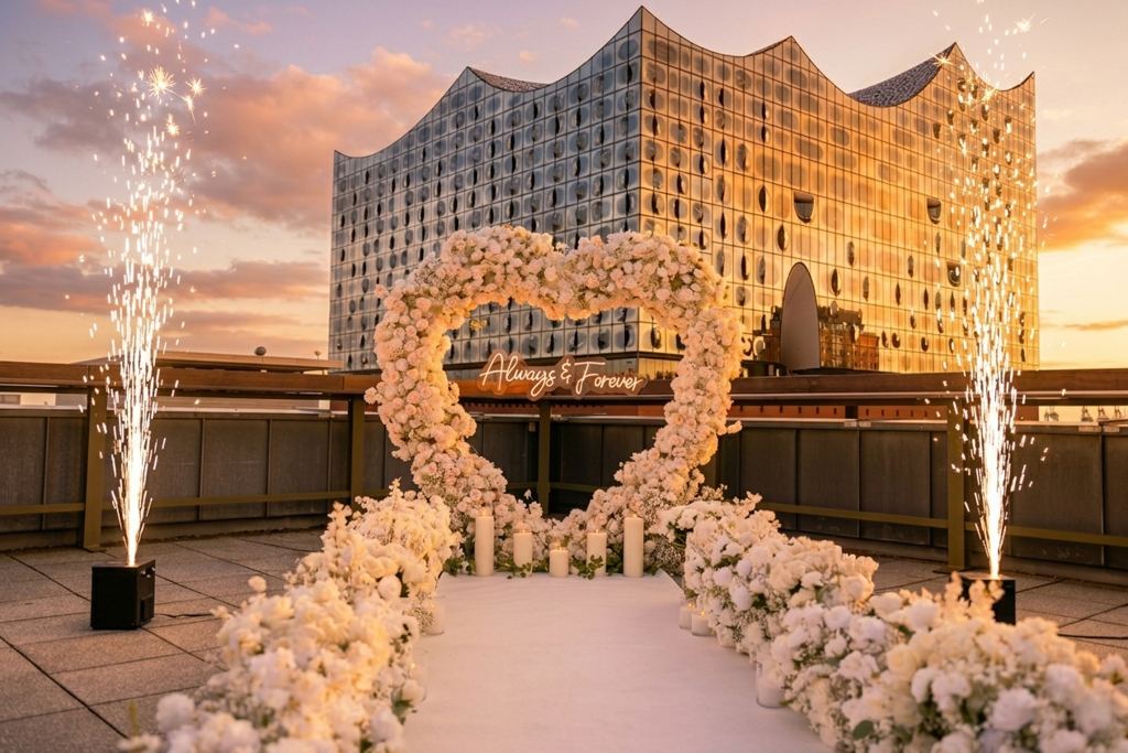 Heiratsantrag Hamburg Elbphilharmonie weißes Herz Feuerwerk Sonnenuntergang